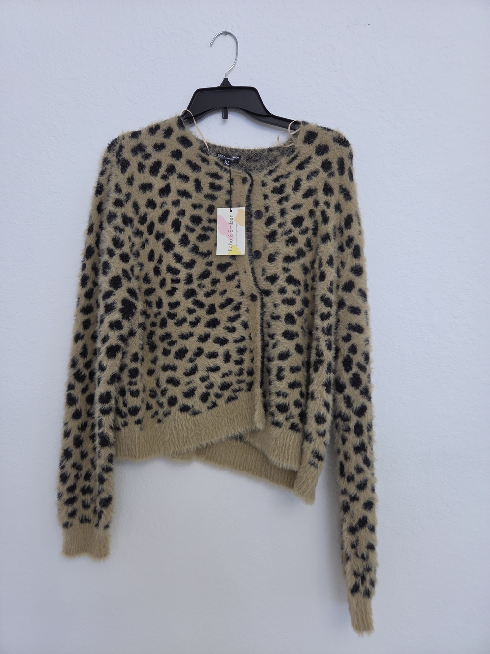 Fuzzy Leopard-Print Cardigan Sweater - Beige with Black Spots